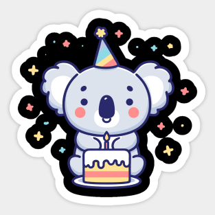 Cute koala with a birthday cake celebrating birthday party, Happy Birthday gift, kawaii cartoon Sticker